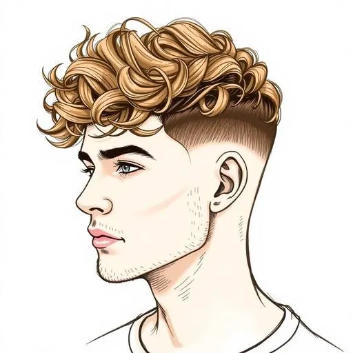 20 Trendy Options for Men Hairstyles Undercut 1 A stylized illustration of a person with voluminous, curly blonde hair and a neatly trimmed fade, showcasing a trendy hairstyle featuring MEN HAIRSTYLES UNDERCUT.