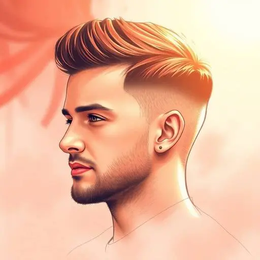 A profile view of a young man with stylish, voluminous hair and a faded haircut, showcasing a trendy MEN HAIRSTYLES UNDERCUT look, set against a warm, softly lit background.