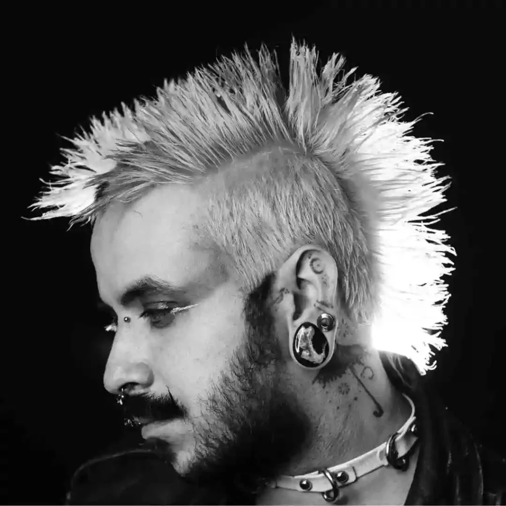 Profile of a man with a punk hairstyle, featuring spiked blonde hair, piercings, and a choker, against a dark background.