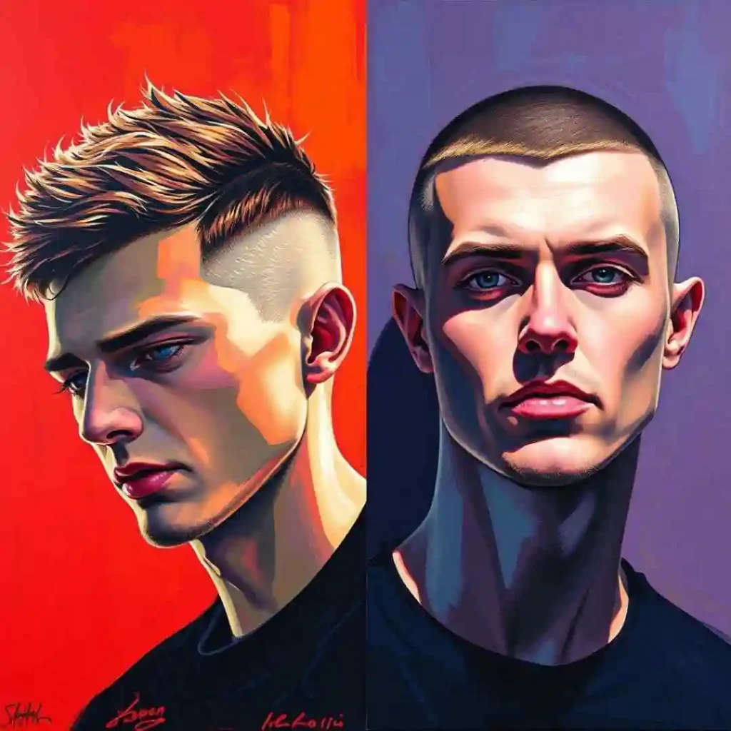 a painting of two men with short hair