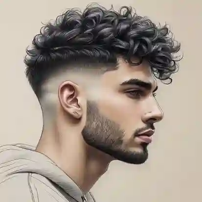 20 Trendy Options for Men Hairstyles Undercut 2 "A stylish curly haircut, part of popular MEN HAIRSTYLES UNDERCUT trends, features voluminous curls on top and a clean, faded undercut on the sides. The person wears a gray hoodie.