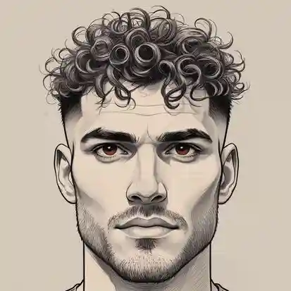 A close-up illustration of a person with thick, curly hair and a men’s hairstyle undercut, featuring a neutral background and distinct ear details.