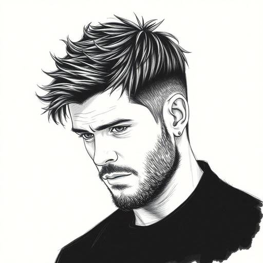 A black and white drawing of a man with a beard, featuring a men’s hairstyle with an undercut.