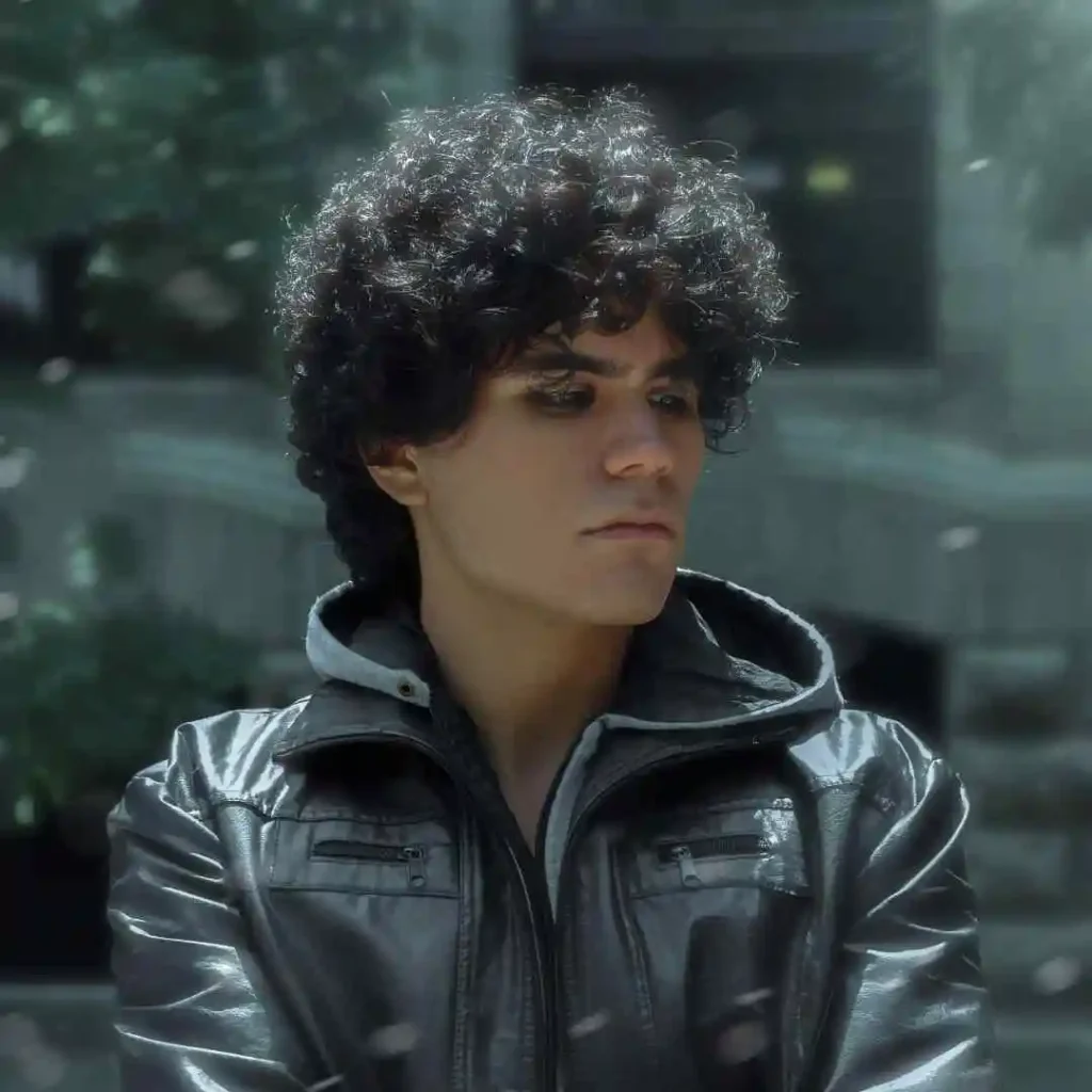 A man in a black leather jacket looking off into the distance, sporting a sleek men's short curly haircut.