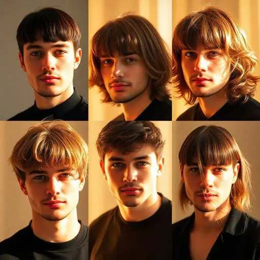 Nine photos showcasing a variety of hairstyles, including curtain hair, on a plain background.