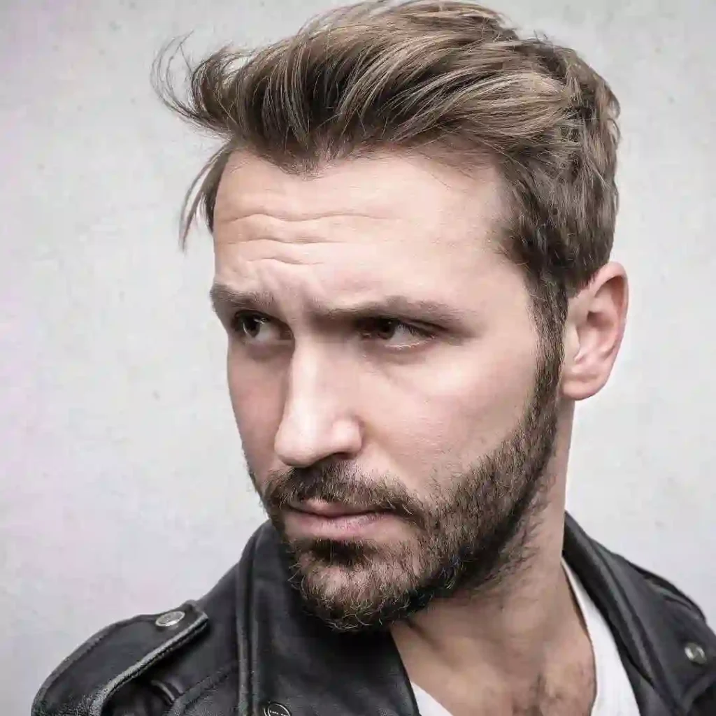 Person with stylish hair and a black leather jacket, face not visible, showcasing a men’s hairstyle undercut.