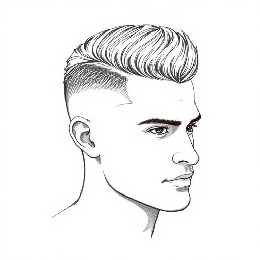 A black and white drawing of a man's face, showcasing a men’s hairstyle with an undercut.