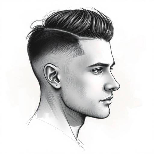 A black and white drawing of a man's face, featuring a men’s hairstyle with an undercut.