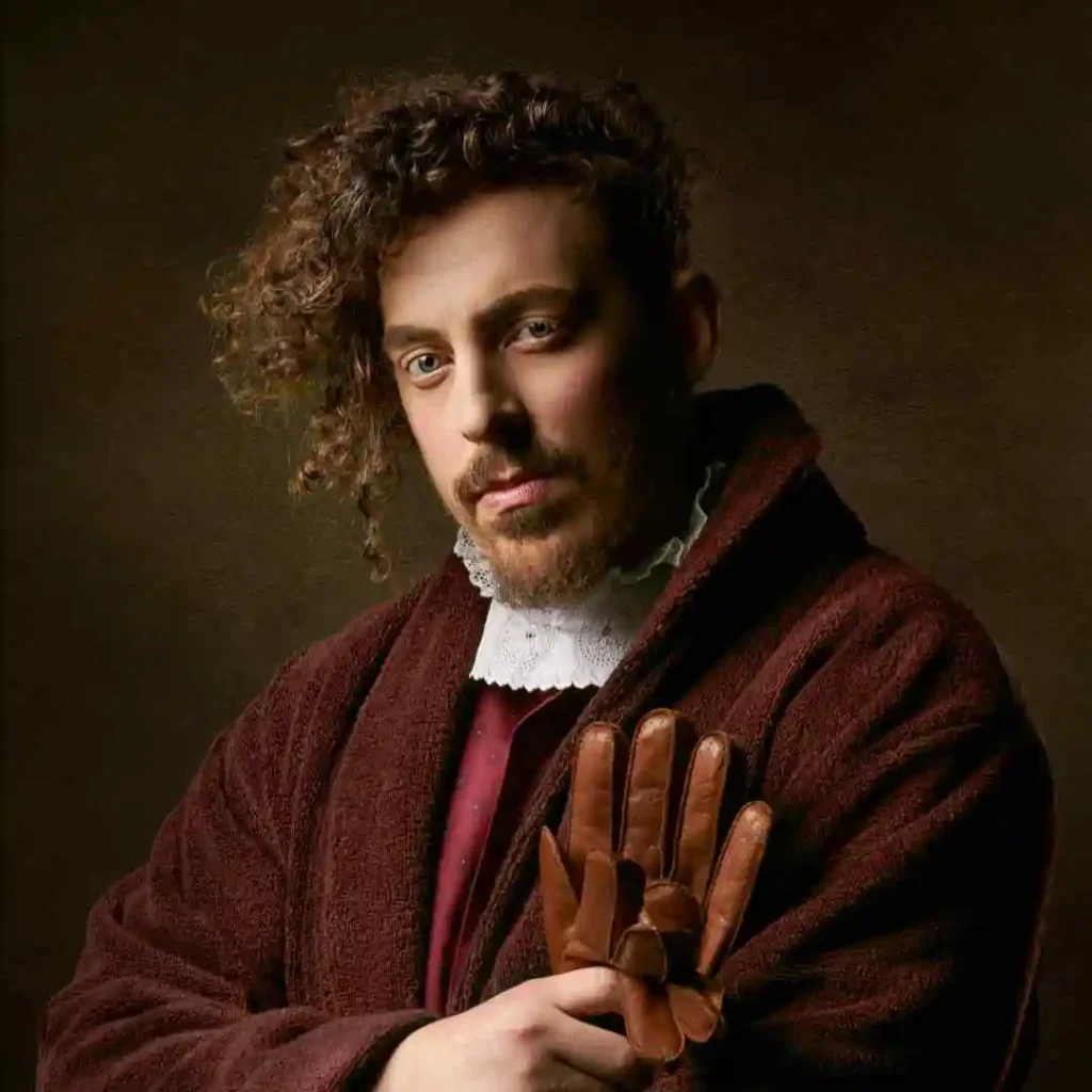 A man with curly hair wearing a red sweater and holding a glove, showcasing a stylish men's short curly haircut.