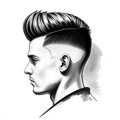 A black and white drawing of a man with a mohawk, featuring men’s hairstyles undercut.