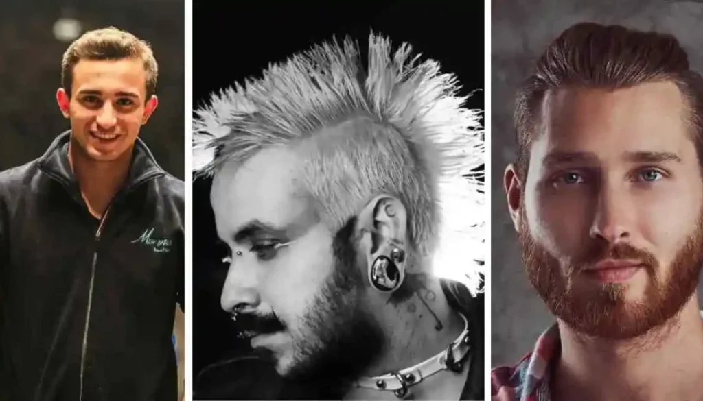 A man with a mohawk and a man with a beard, showcasing different men's crop and crew cuts.