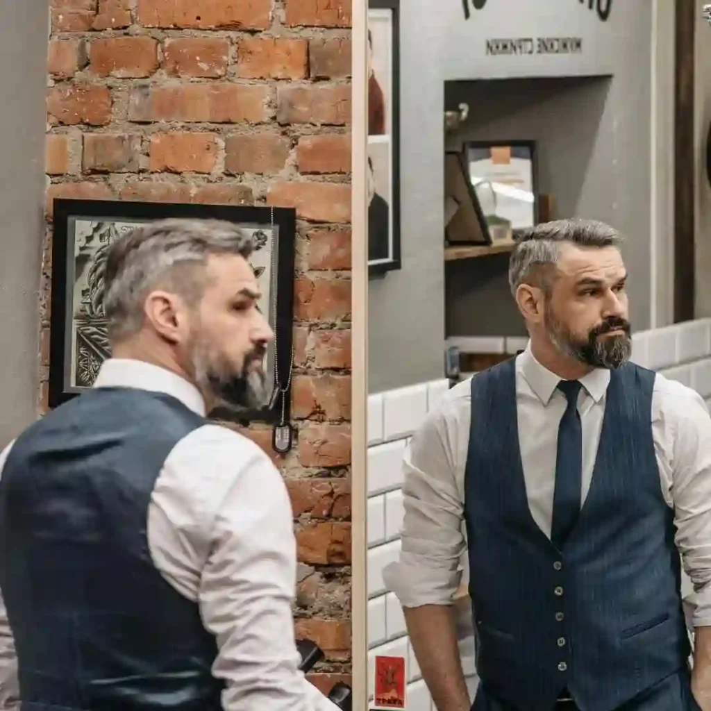 A person in a waistcoat and tie facing a mirror in a room with brick walls, sporting a men’s hairstyle undercut.