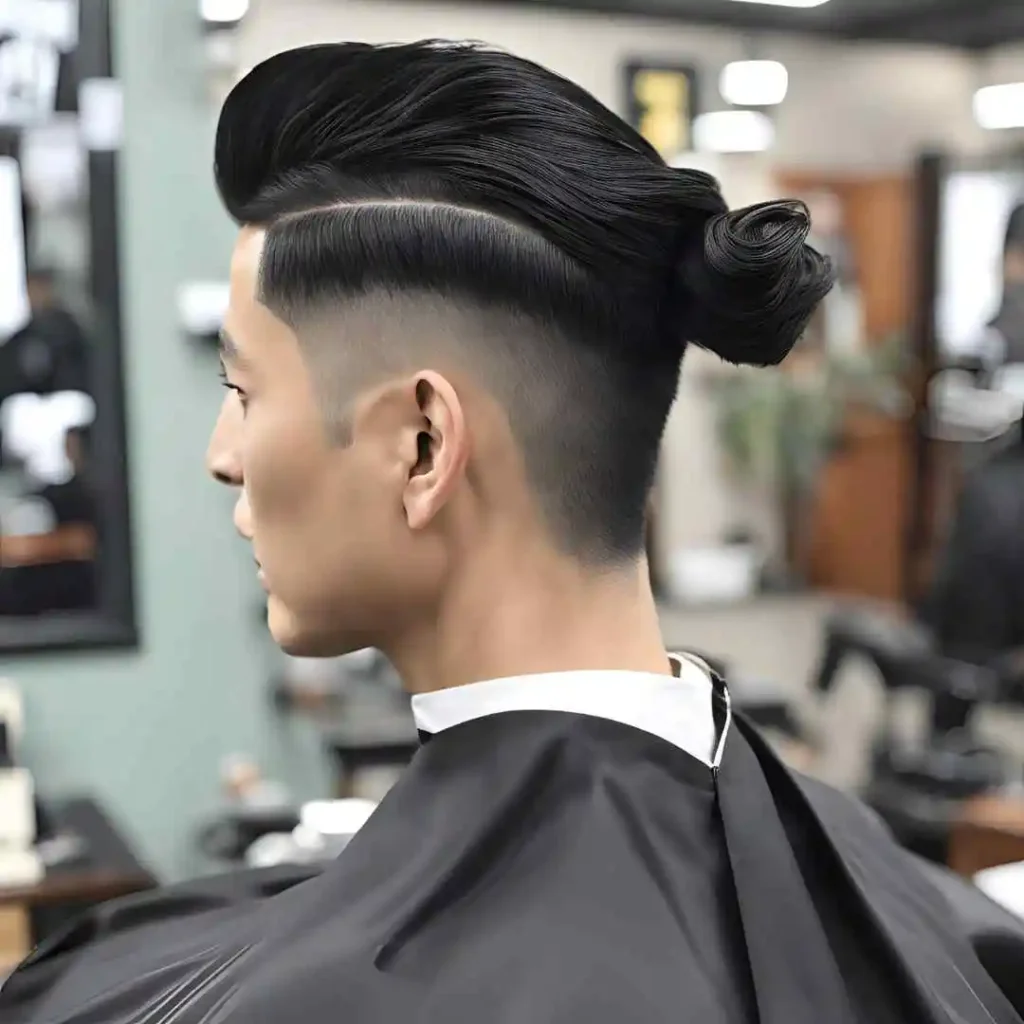 a man in a barber shop with a black haircut