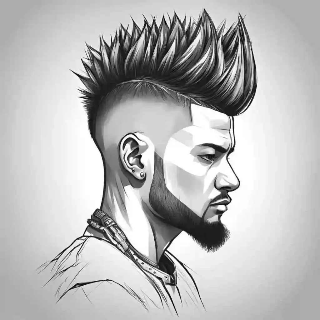 a black and white drawing of a man with a mohawk