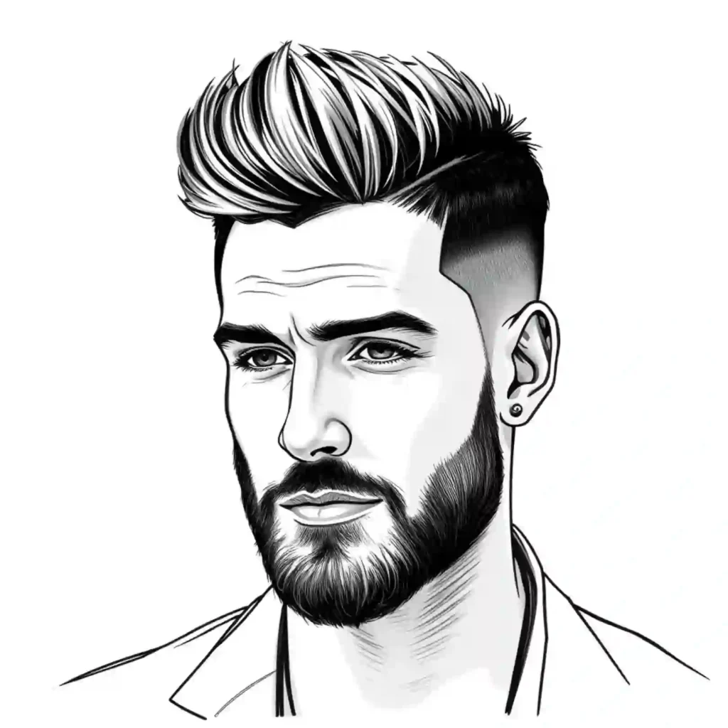 a black and white drawing of a man with a beard