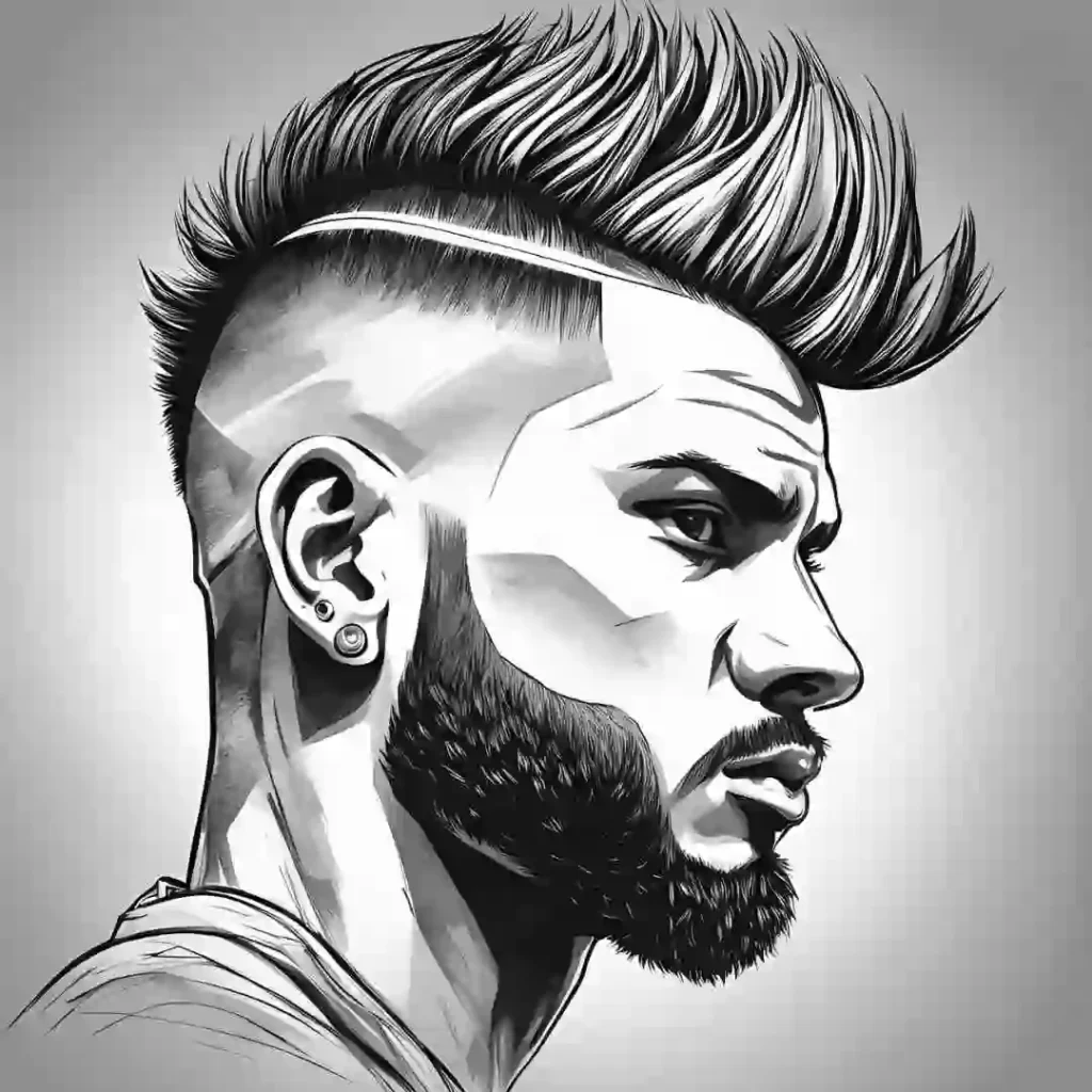 Black and white illustration of a person with a stylish modern haircut and an earring.