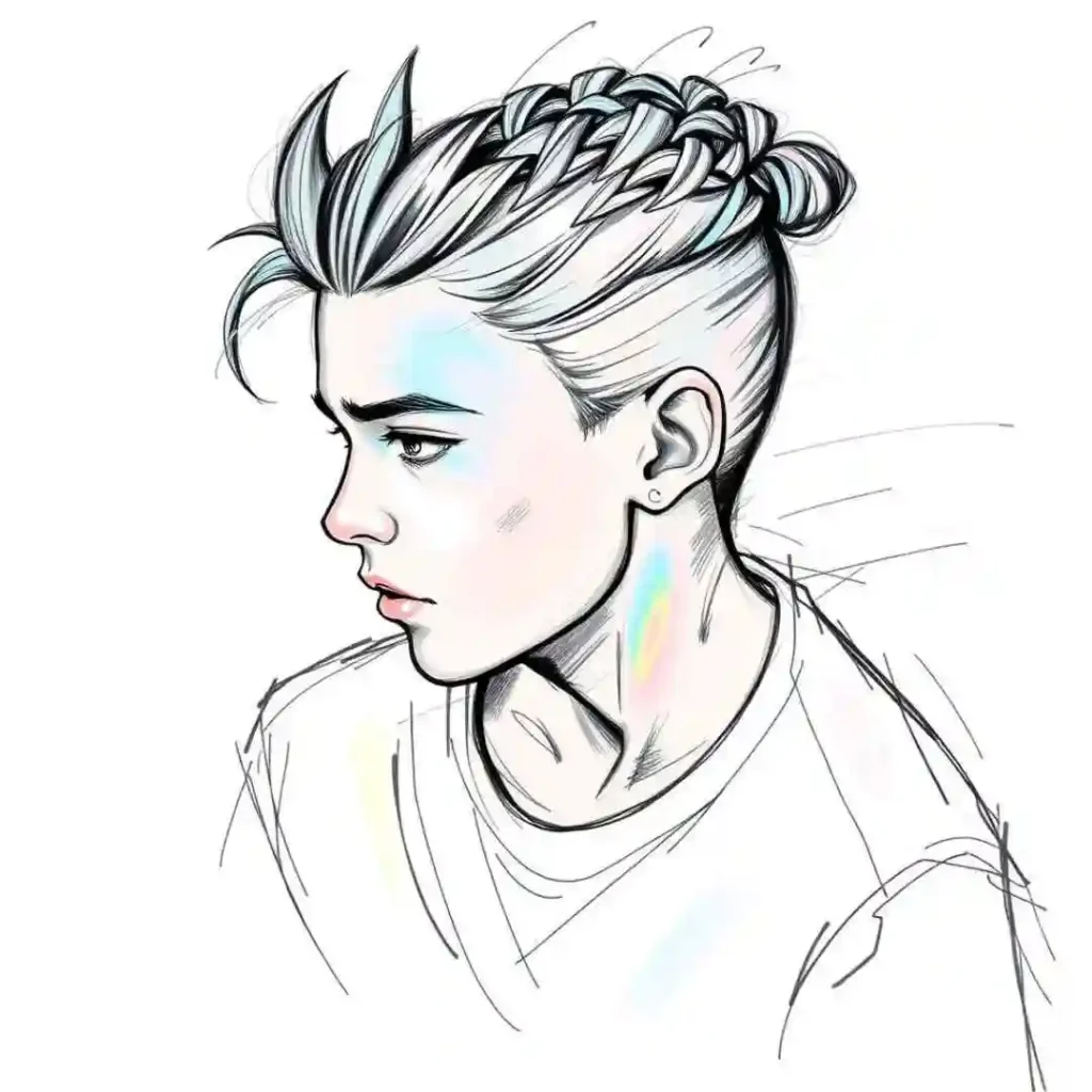 Sketch of a person with braided hair and an earring, without showing the face.