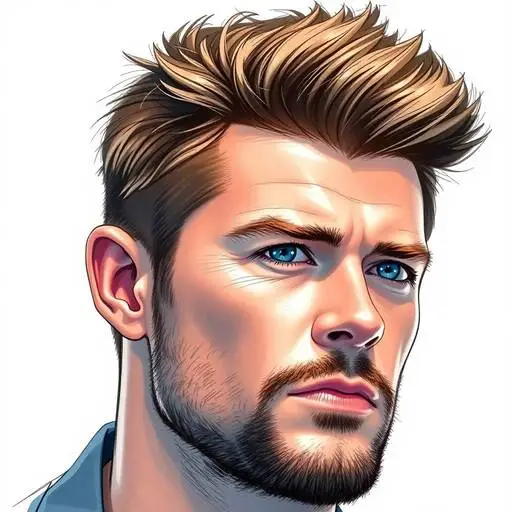 A man with a beard and blue eyes, showcasing haircuts for men with diamond face.