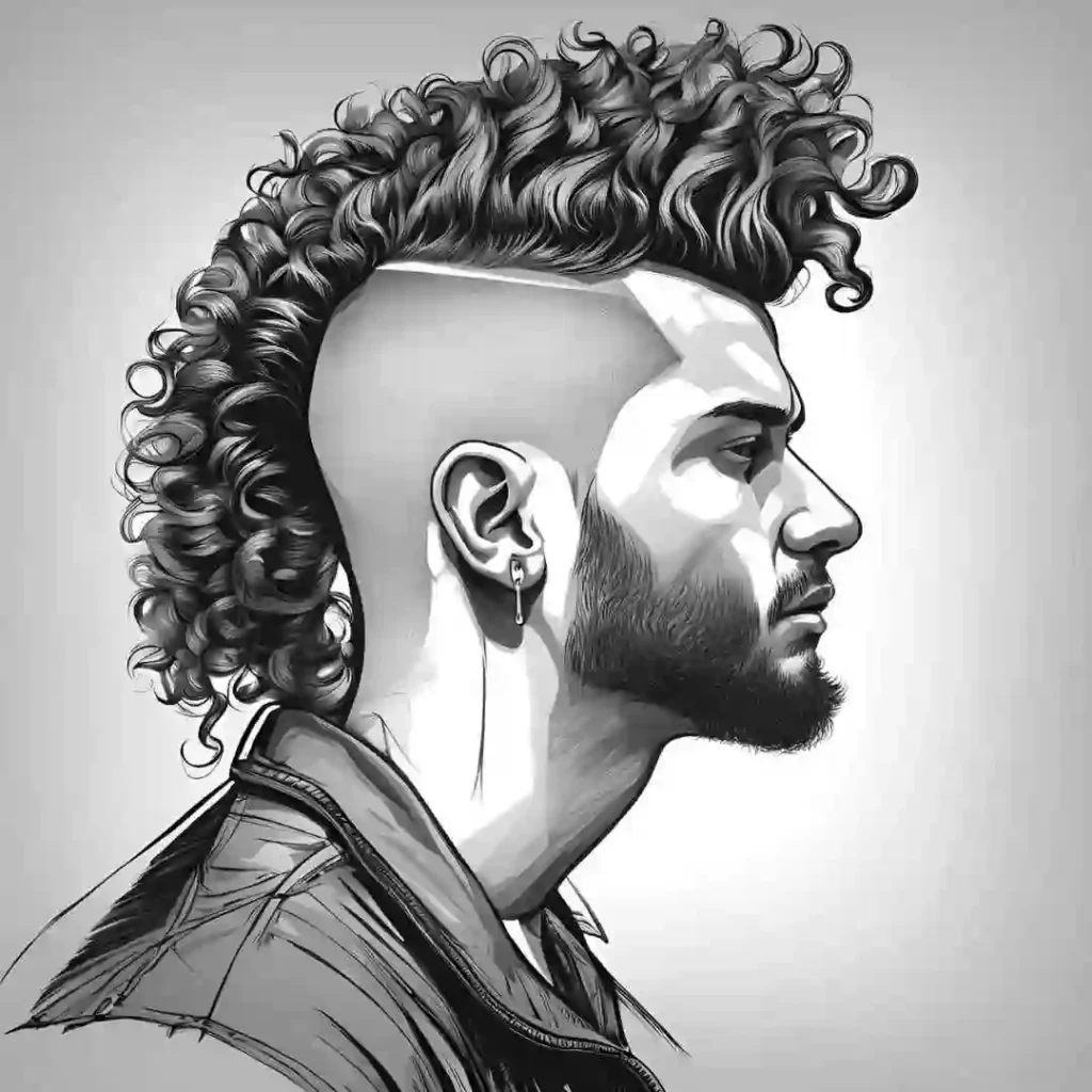 Illustration of a person with curly hair and an earring, wearing a leather jacket.