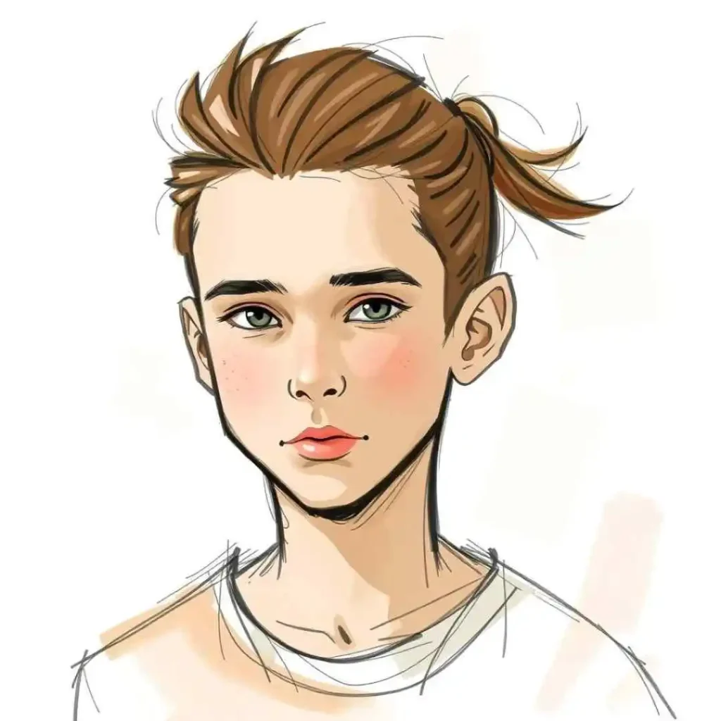 Illustration of a person with brown, tousled hair and a white shirt.