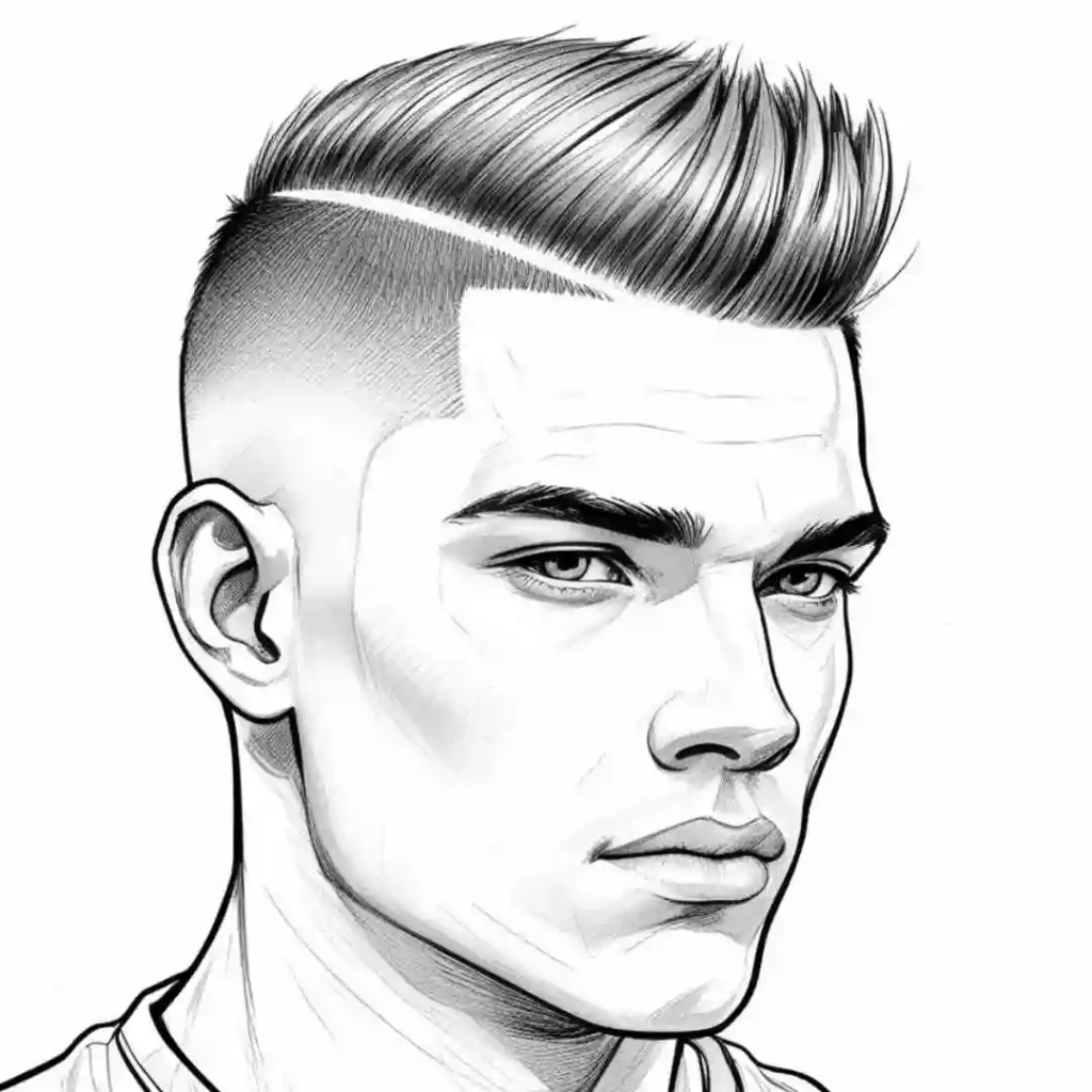 Illustration of a person with a modern men hairstyles buzz cut and an ear visible, partial view with no face shown.