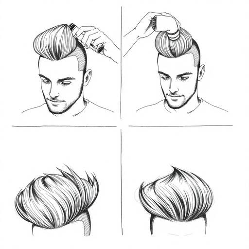 A drawing of a man's haircut with different angles, showcasing a pompadour hairstyle from various views.