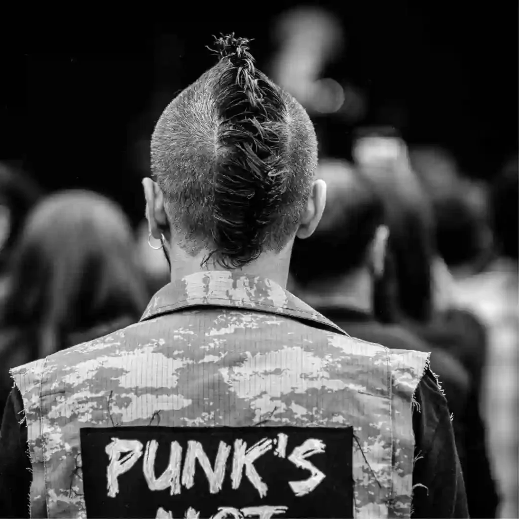 Person with a mohawk wearing a jacket with "PUNK'S NOT" text, viewed from behind. Black and white photo.