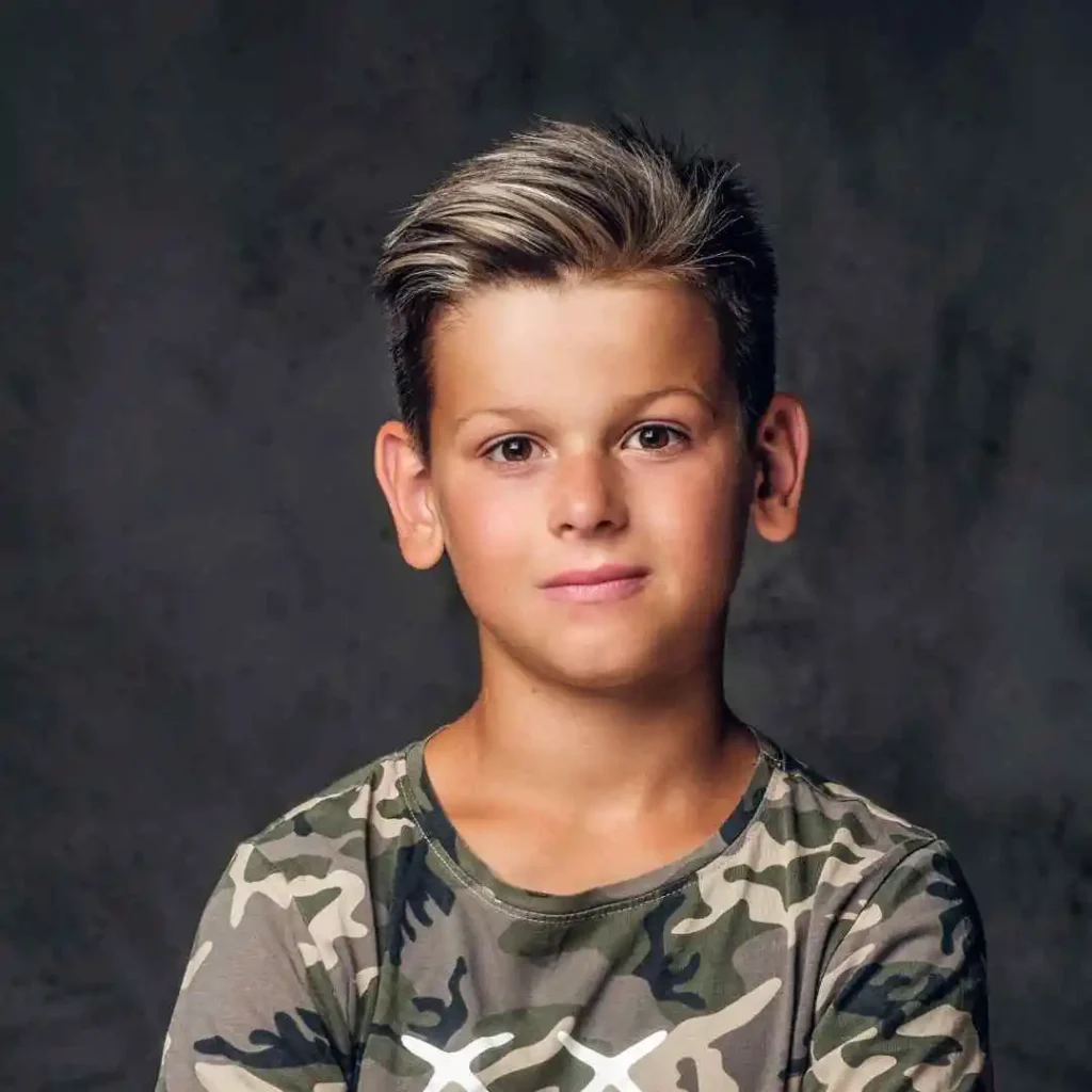 Person wearing a camouflage t-shirt on a dark backdrop.