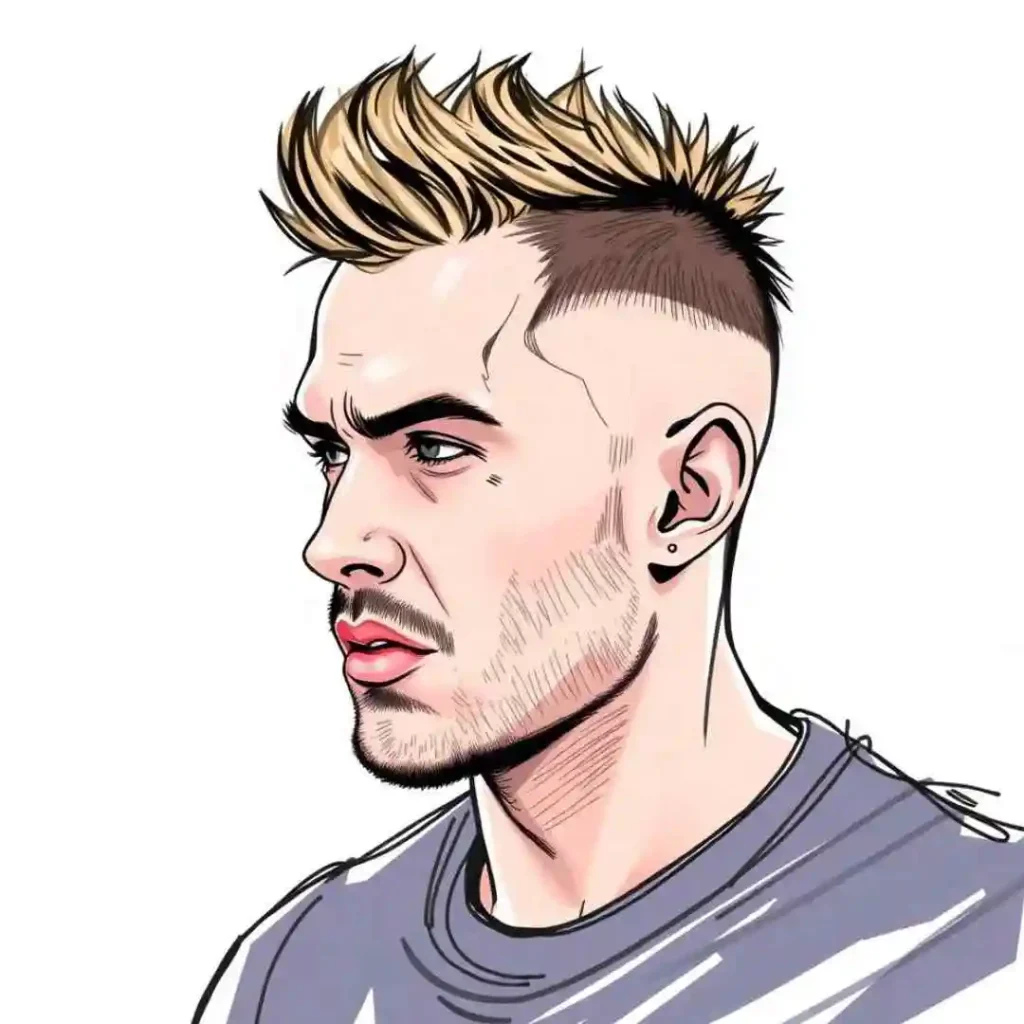 Illustration of a person with a trendy undercut hairstyle and an earring, wearing a striped shirt.