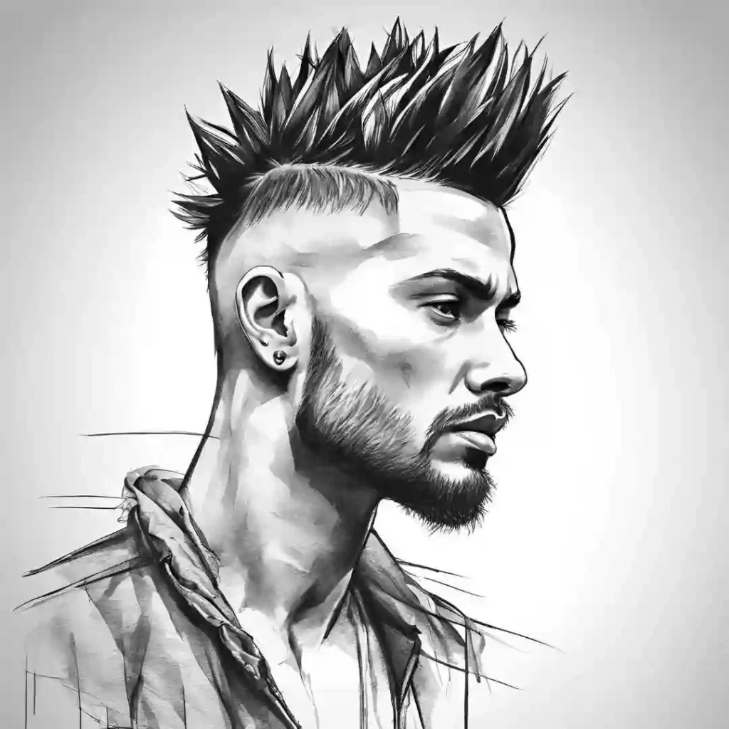 Black and white sketch of a person with a spiky mohawk and an earring, in a jacket.