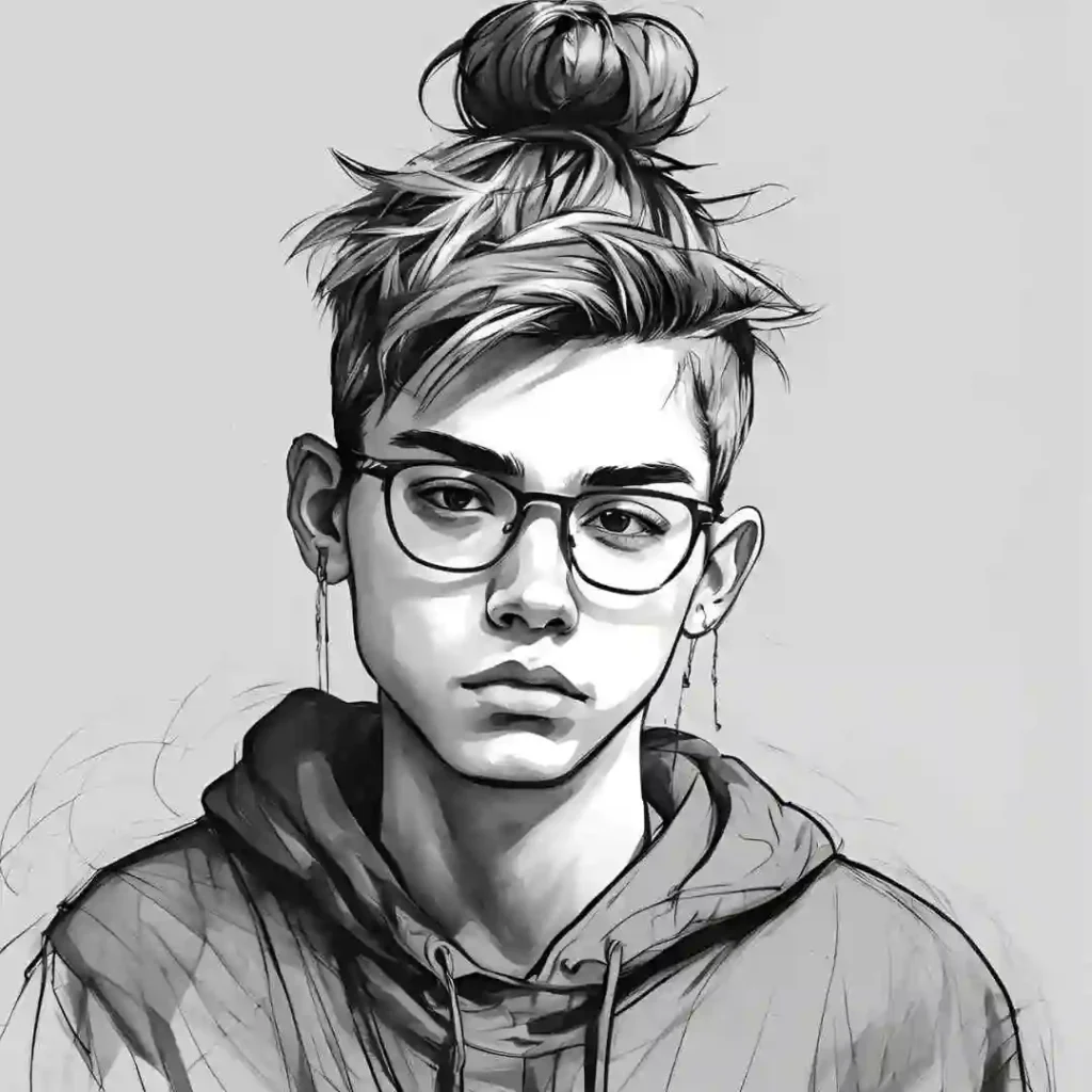 Monochrome drawing of a person with a top knot hairstyle and a hooded sweatshirt.