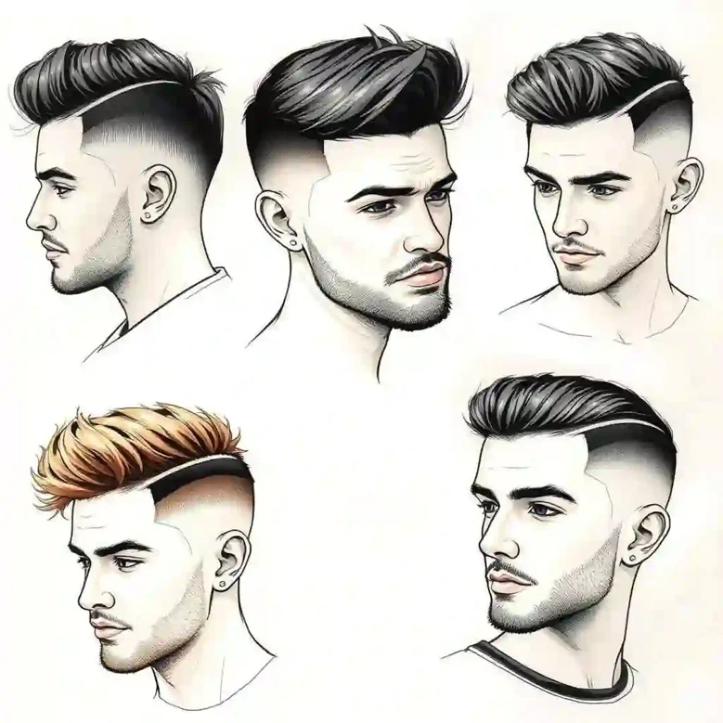 Illustration of six men's hairstyles, showing side profiles.