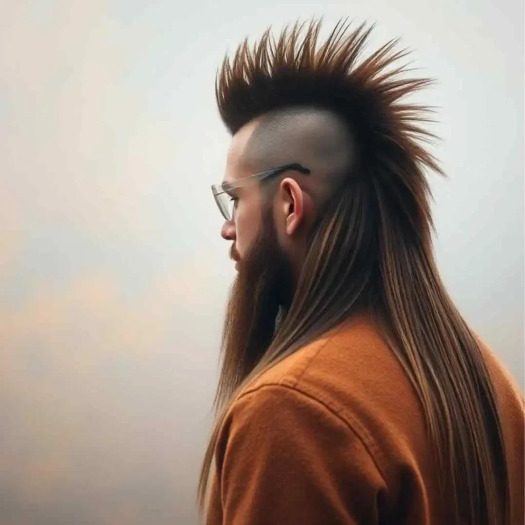 A person with a mohawk hairstyle viewed from the back against a blurred background.