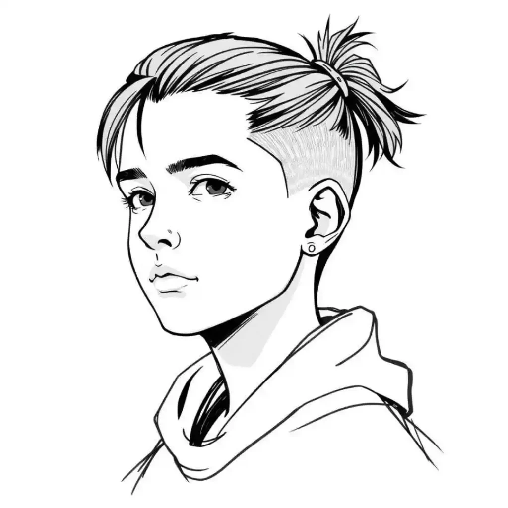 Illustration of a person with an undercut hairstyle and a topknot, wearing a casual top.