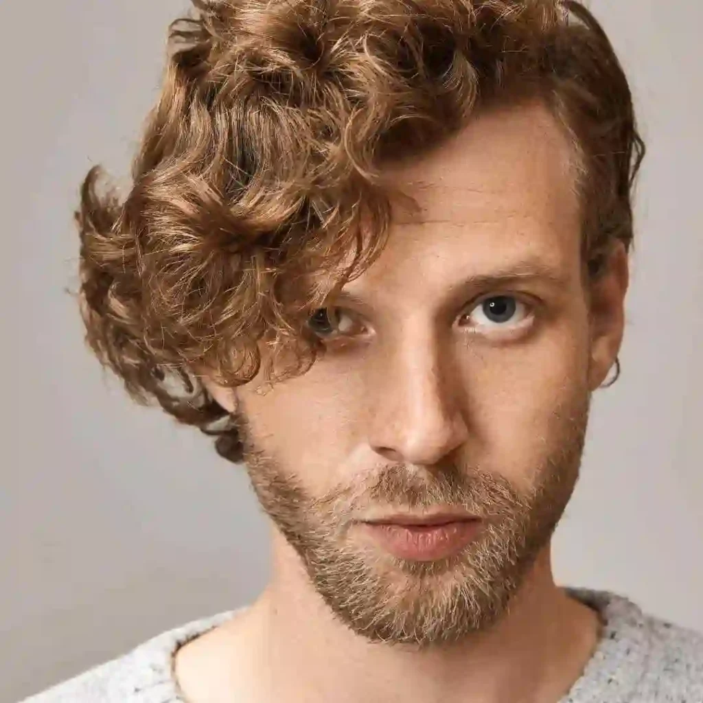 A close-up of a person with curly hair, showcasing haircuts for men with diamond face.