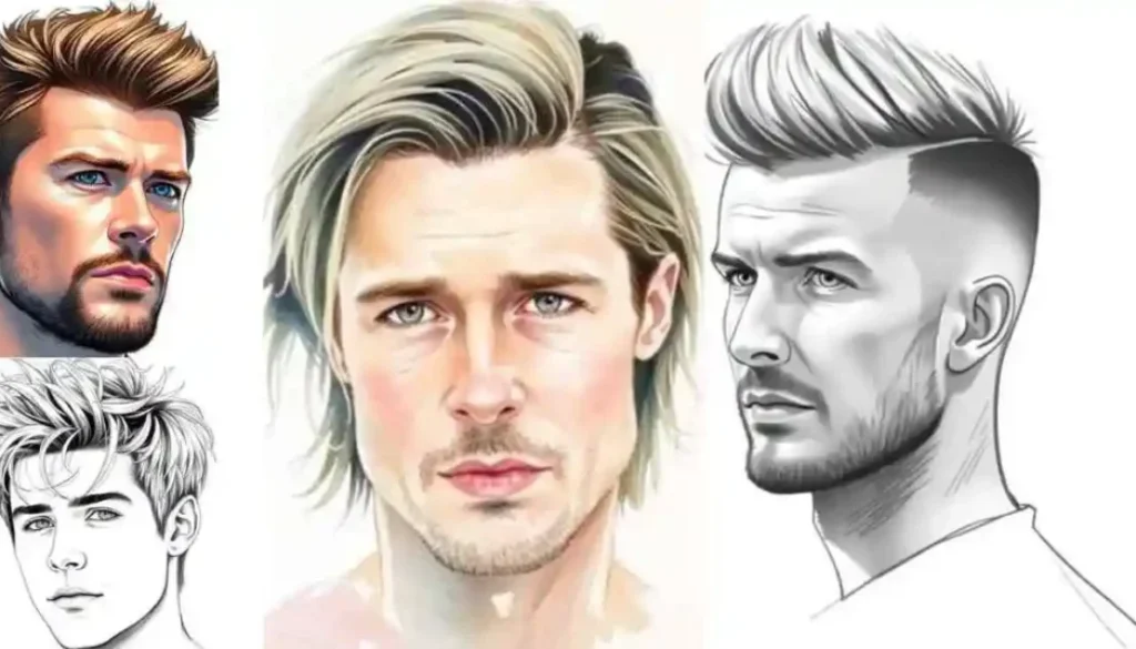 A drawing of a man's face with different hairstyles, showcasing haircuts for men with diamond face shapes.