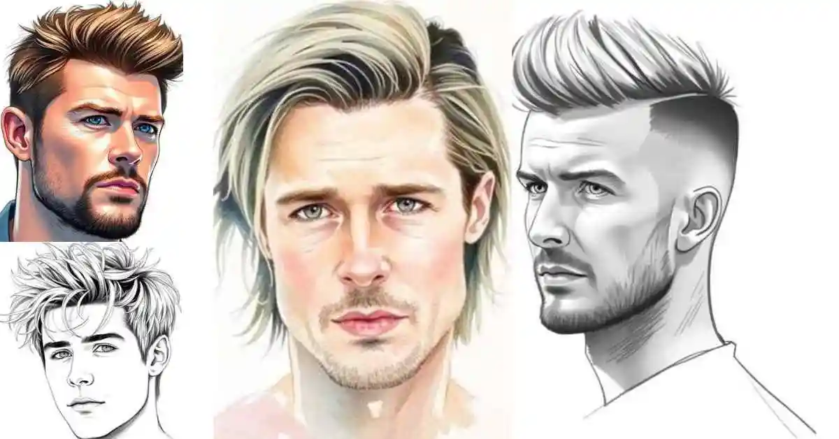 A drawing of a man's face with different hairstyles, showcasing haircuts for men with diamond face shapes.