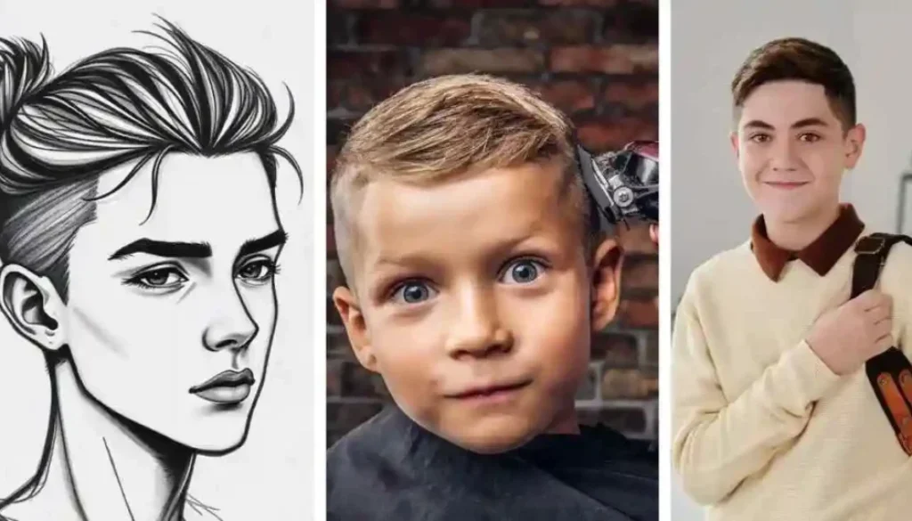 A boy with a haircut and a drawing of a boy with a tie, highlighting teenage guy haircuts.