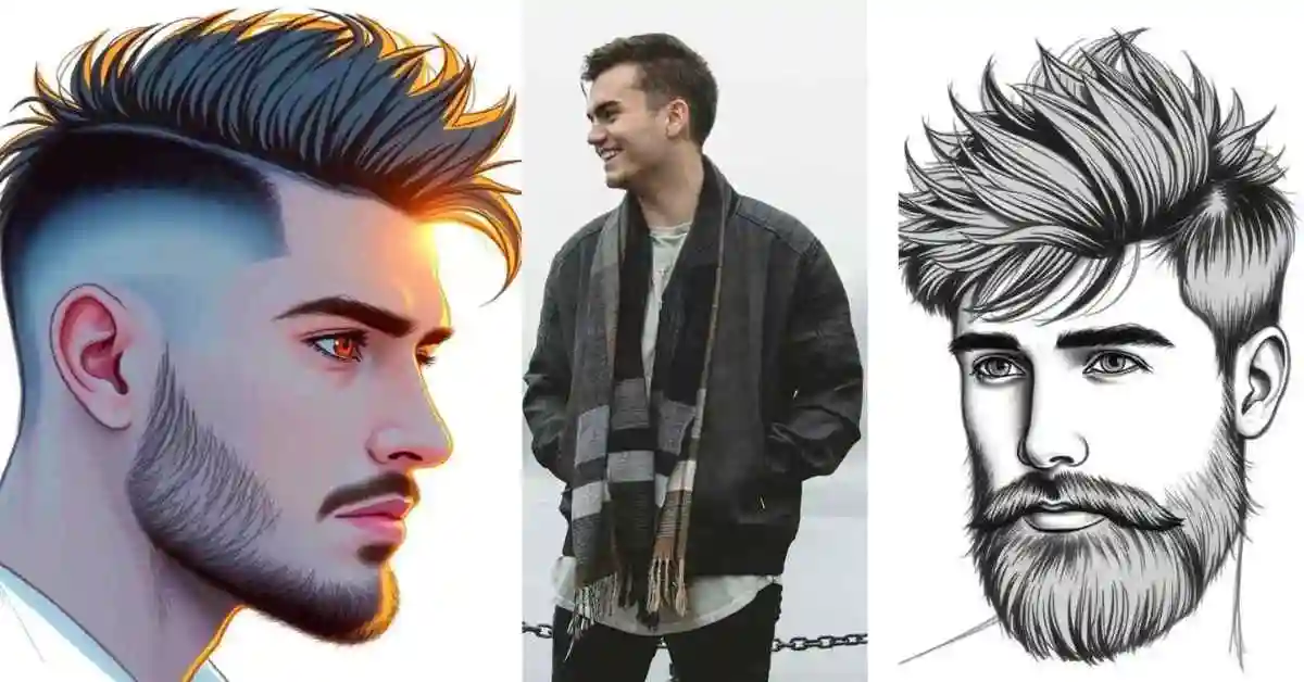 A drawing of a man with a beard and long hair, featuring fringe hairstyles for men.