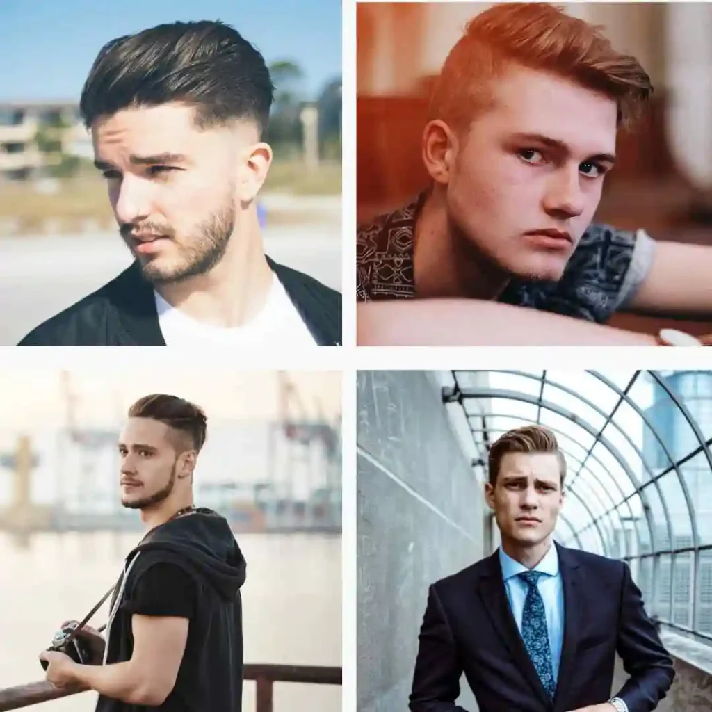 Modern Men Short Hairstyles- A Comprehensive Guide 1 Four portraits of young men showcasing MODERN MEN SHORT HAIRSTYLES and styles, from casual to formal, in different outdoor and indoor settings.