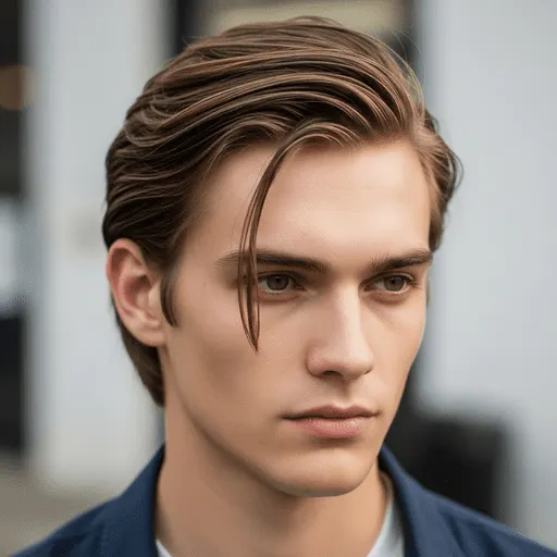 Men's Hairstyles Curtains- Styling Tips and Maintenance Guide 1 A person showcasing trendy MEN HAIRSTYLES CURTAINS with stylish, wavy hair, wearing a blue jacket and standing outdoors against a blurred background of buildings.