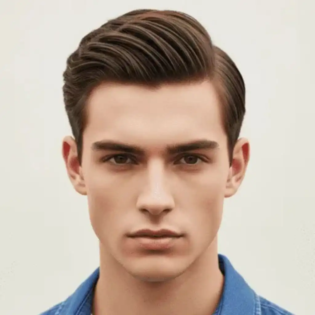 Trendy 16 Men Hairstyles Long Face 1 1- A person with neatly styled, combed hair, showcasing men hairstyles for a long face, wearing a blue denim shirt against a plain light background.