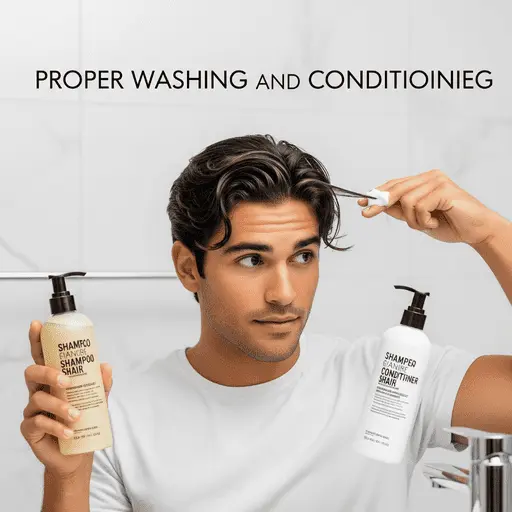 Men's Hairstyles Curtains- Styling Tips and Maintenance Guide 5 A person holds a bottle of shampoo and conditioner, demonstrating proper hair washing and conditioning techniques for maintaining trendy men hairstyles curtains