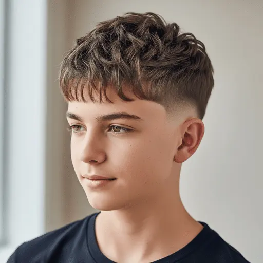 The Best 69 Teenage Boy Haircuts to Showcase Their Style 1 A person with textured, wavy hair styled on top and a faded cut on the sides, wearing a black t-shirt against a neutral background—an example of popular teenage boy haircuts.