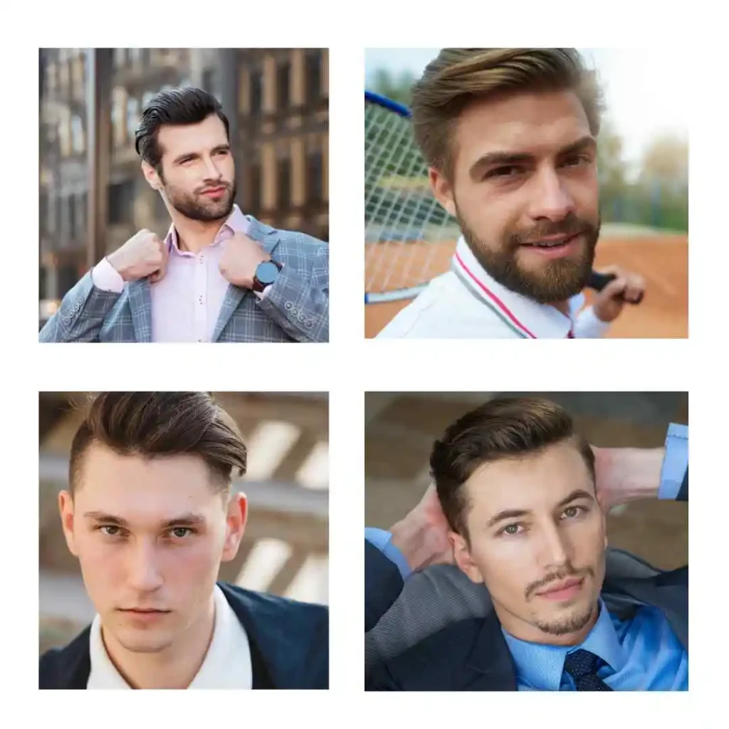A collage featuring four images of well-dressed young men showcasing modern men short hairstyles variations and confident poses.