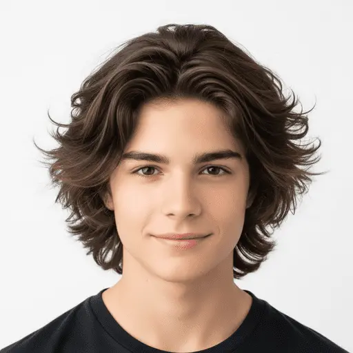 A person with wavy, medium-length brown hair, wearing a black t-shirt, against a plain white background—showcasing one of the trendy teenage boy haircuts.