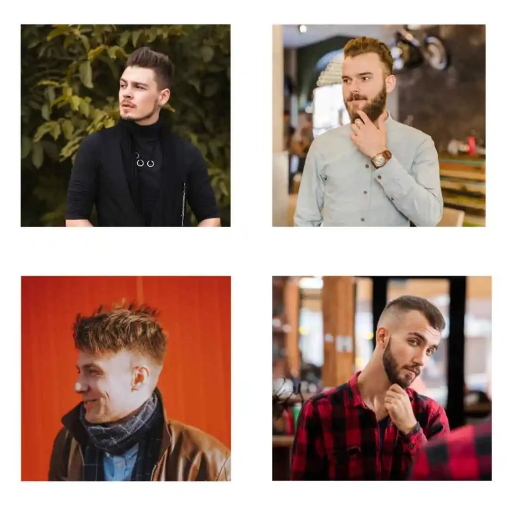 A collage of four portraits featuring young men in various outfits, displaying different modern men short hairstyles and settings.