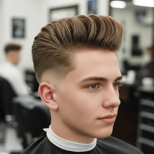 A young man with stylish, voluminous hair and a tapered undercut, sitting in a barbershop—an example of trendy teenage boy haircuts. Another client is visible in the background.