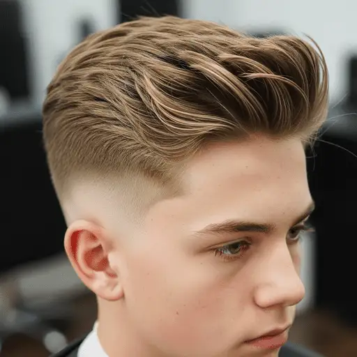 A stylish example of teenage boy haircuts, featuring voluminous, textured top hair with a clean fade on the sides, showcasing modern grooming.