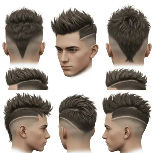 A collage of six stylish teenage boy haircuts featuring a variation of sharp cuts, textured looks, and unique back designs.